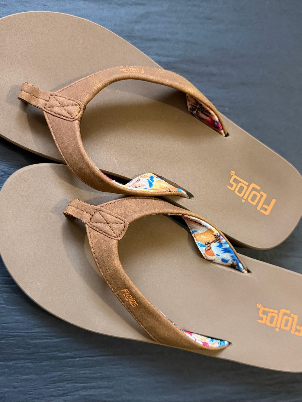 Flojos Brown Flip Flop Sandals with Colorful Patterned Toe Post